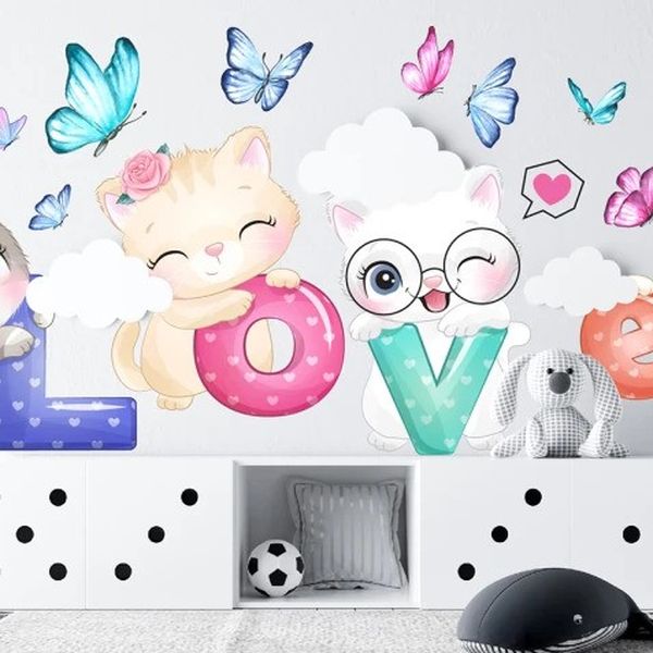 DomTextilu Nálepka na stenu pre dievčatá mačiatka s nápisom LOVE 80 x 160 cm