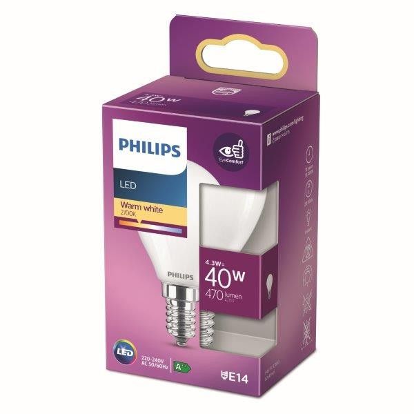 Philips 8718699763435 LED žiarovka 1x4,3W | E14 | 470lm | 2700K - teplá biela, matná biela, EyeComfort