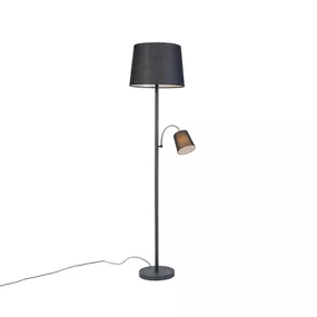 Klasická stojaca lampa čierna s čiernym tienidlom a svetlom na čítanie - Retro