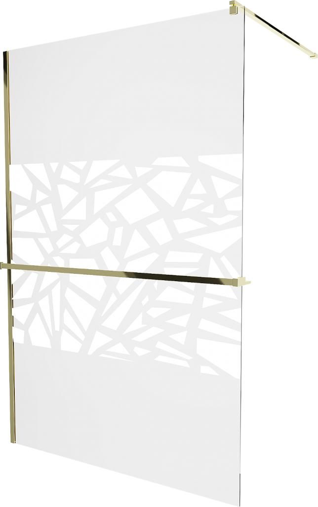 MEXEN/S - KIOTO Sprchová zástena WALK-IN s poličkou a držiakom uterákov 100 x 200 cm, transparent/bialy vzór 8 mm, zlatá 800-100-121-50-85