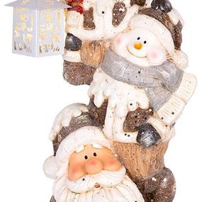 Dekorácia MagicHome Vianoce, Santa, sob a snehuliak s lampášikom, 1 LED, 2xAAA, keramika, 29x24x66 cm