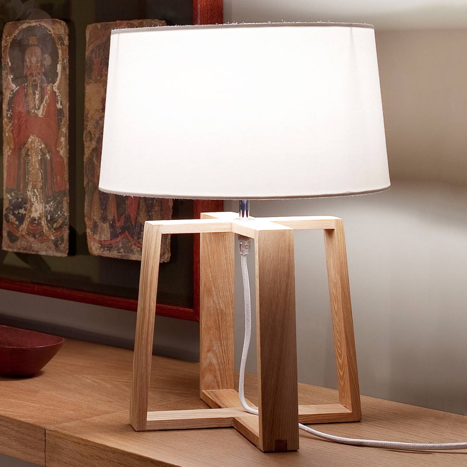 FARO BARCELONA Individuálna stolná lampa Bliss, Obývacia izba / jedáleň, textil, drevo, E27, 60W, K: 44cm