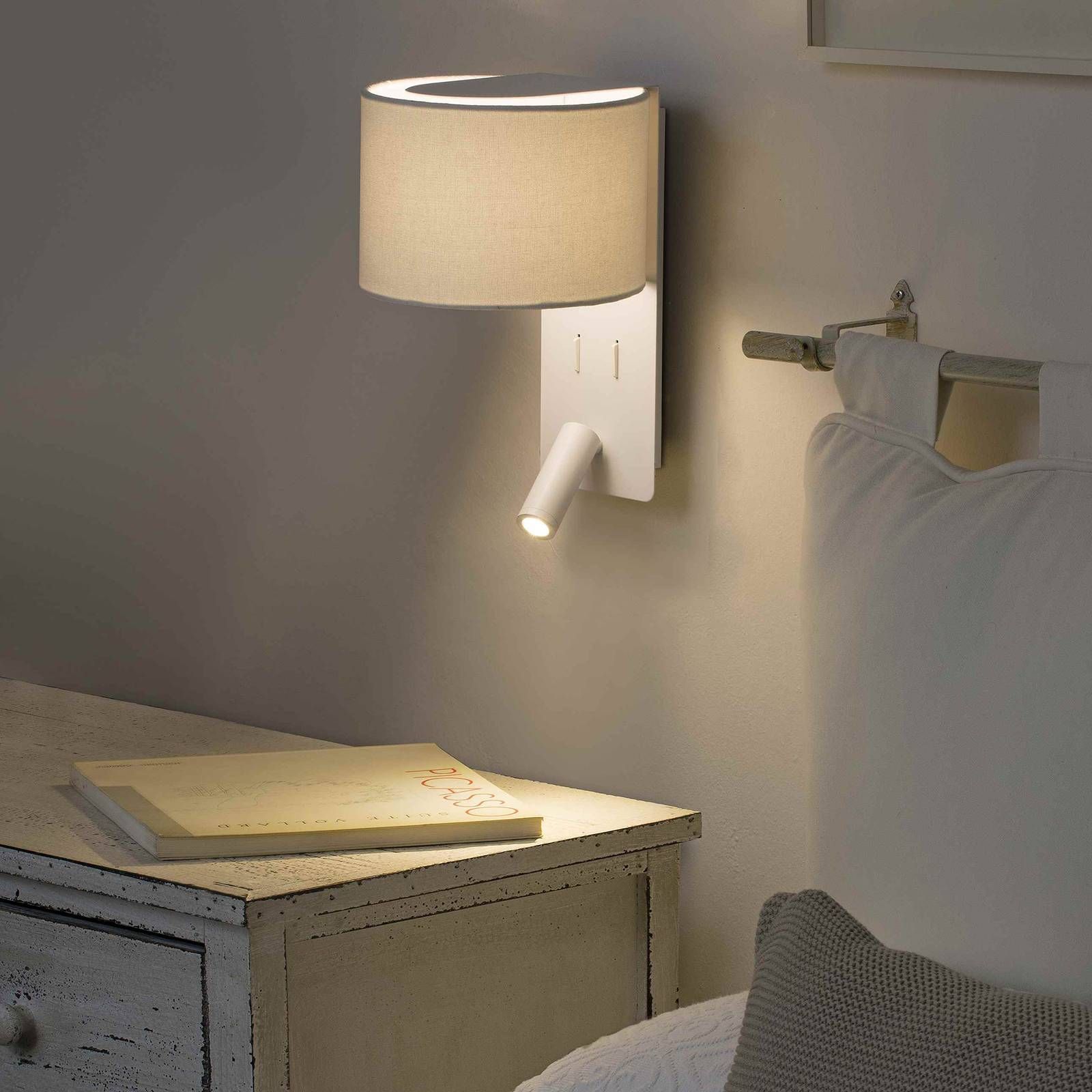 FARO BARCELONA Nástenné svetlo Fold s LED lampu na čítanie, biela, hliník, textil, sklo, E27, L: 20 cm, K: 30cm