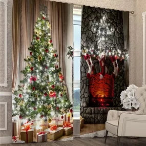 Závesy s 3D motívom vianočného stromčeka a krbu
