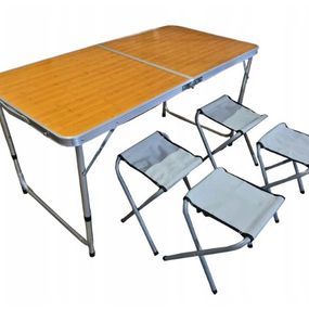 Kempingový stôl so 4 stoličkami s motívom dreva