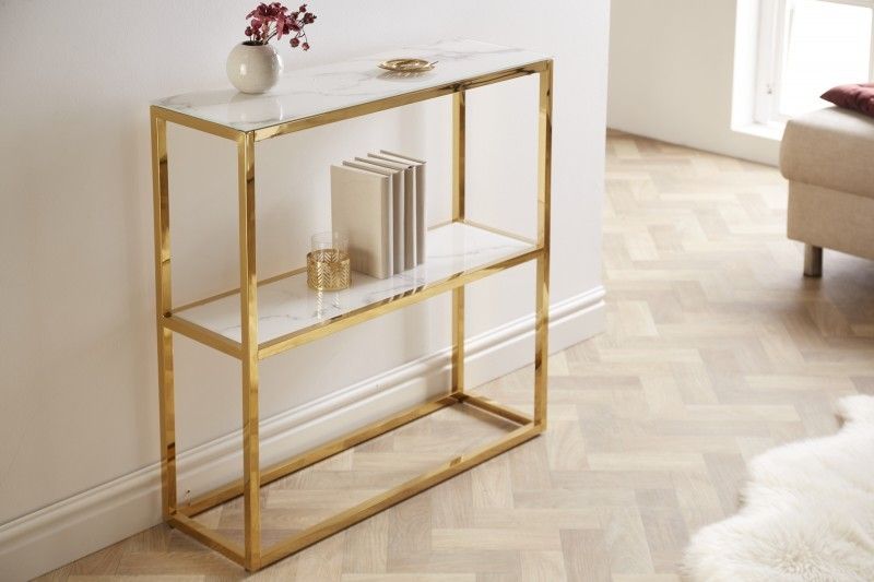Estila Art deco konzolový stolík Gold Marbleux odbĺžnikový so zlatou lesklou konštrukciou a mramorovými poličkami 80cm
