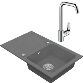 VIMA Drezový set Hansgrohe 2/C- Granitový drez, s odkvapávacou plochou, 78x48cm, Sivá + Drezová batéria Hansgrohe Focus