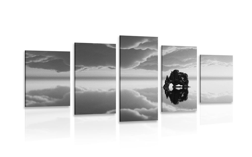 5-dielny obraz skala pod oblakmi v čiernobielom prevedení