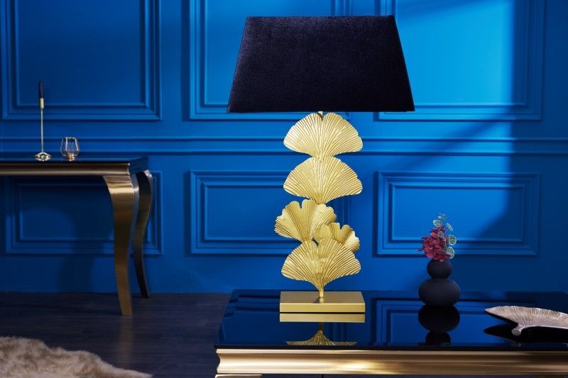 Estila Glamour dizajnová stolná lampa Ginko so zlatou kovovou ozdobnou podstavou a čiernym tienidlom 78cm