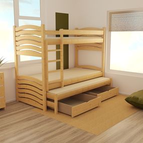 Detská poschodová posteľ s prístelkou z MASÍVU 200x90cm so zásuvkou - PPV021
