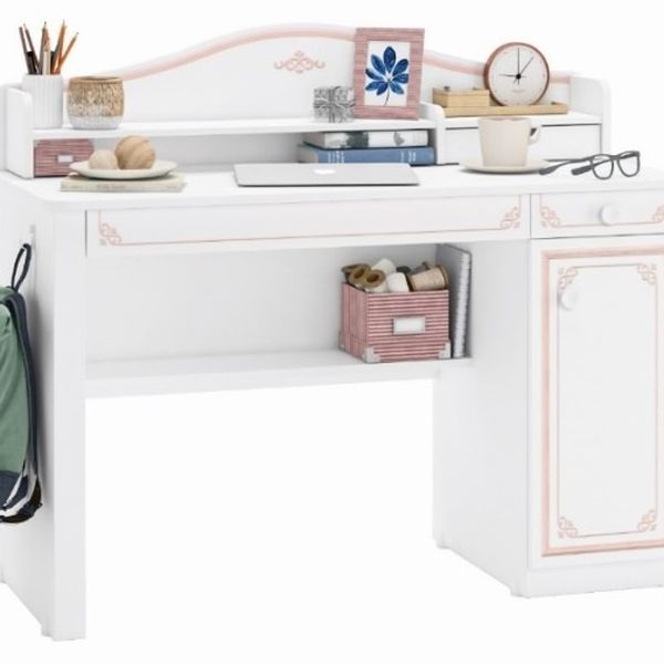 Písací stôl s malým nadstavcom betty - biela/ružová