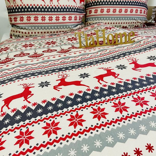 Obliečky bavlnené Vianočné obliečky Sobíky červené TiaHome - 1x Vankúš 90x70cm, 1x Paplón 140x200cm