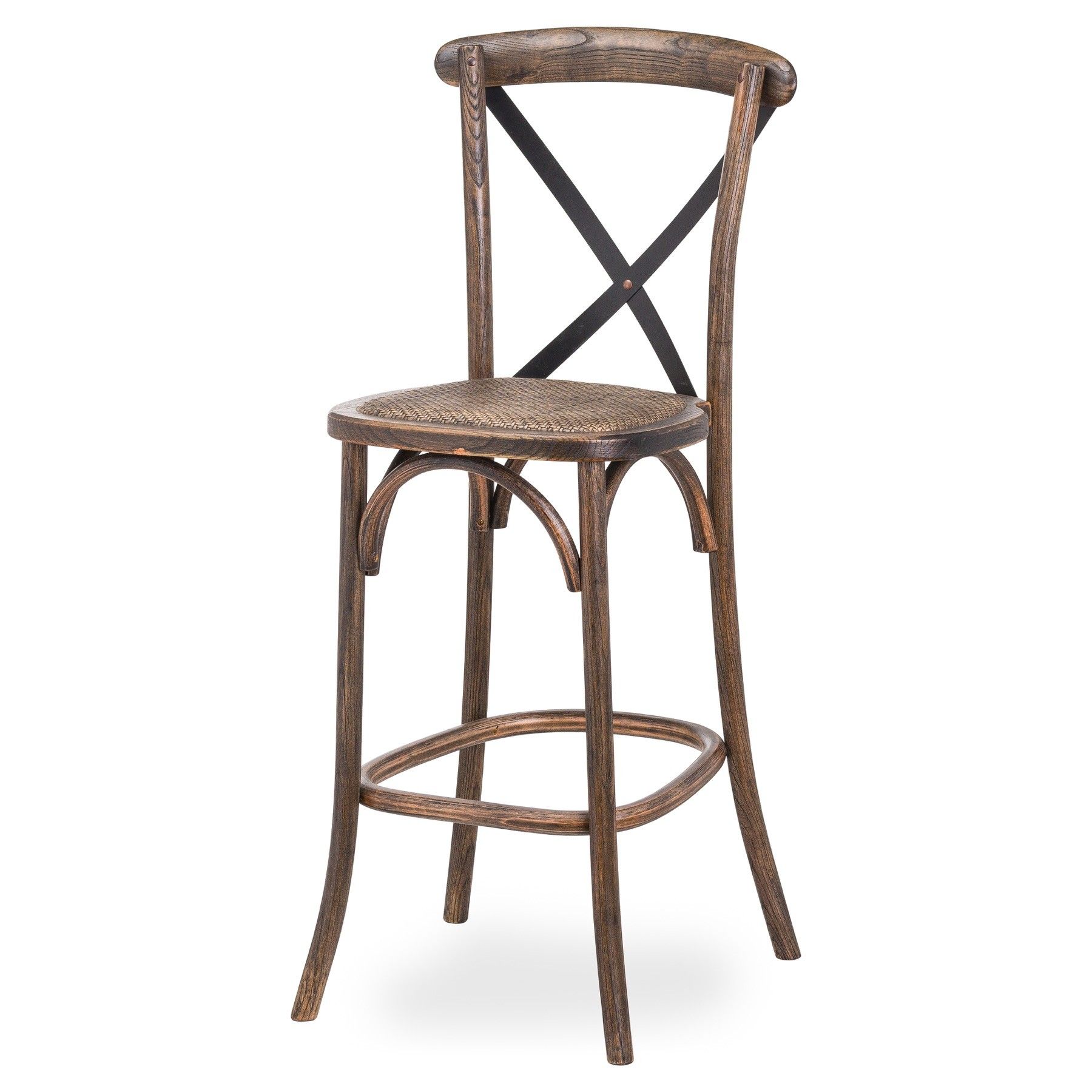 Estila Vidiecka hnedá dubová barová stolička Nigoi s prekríženým čiernym kovovým operadlom 114cm