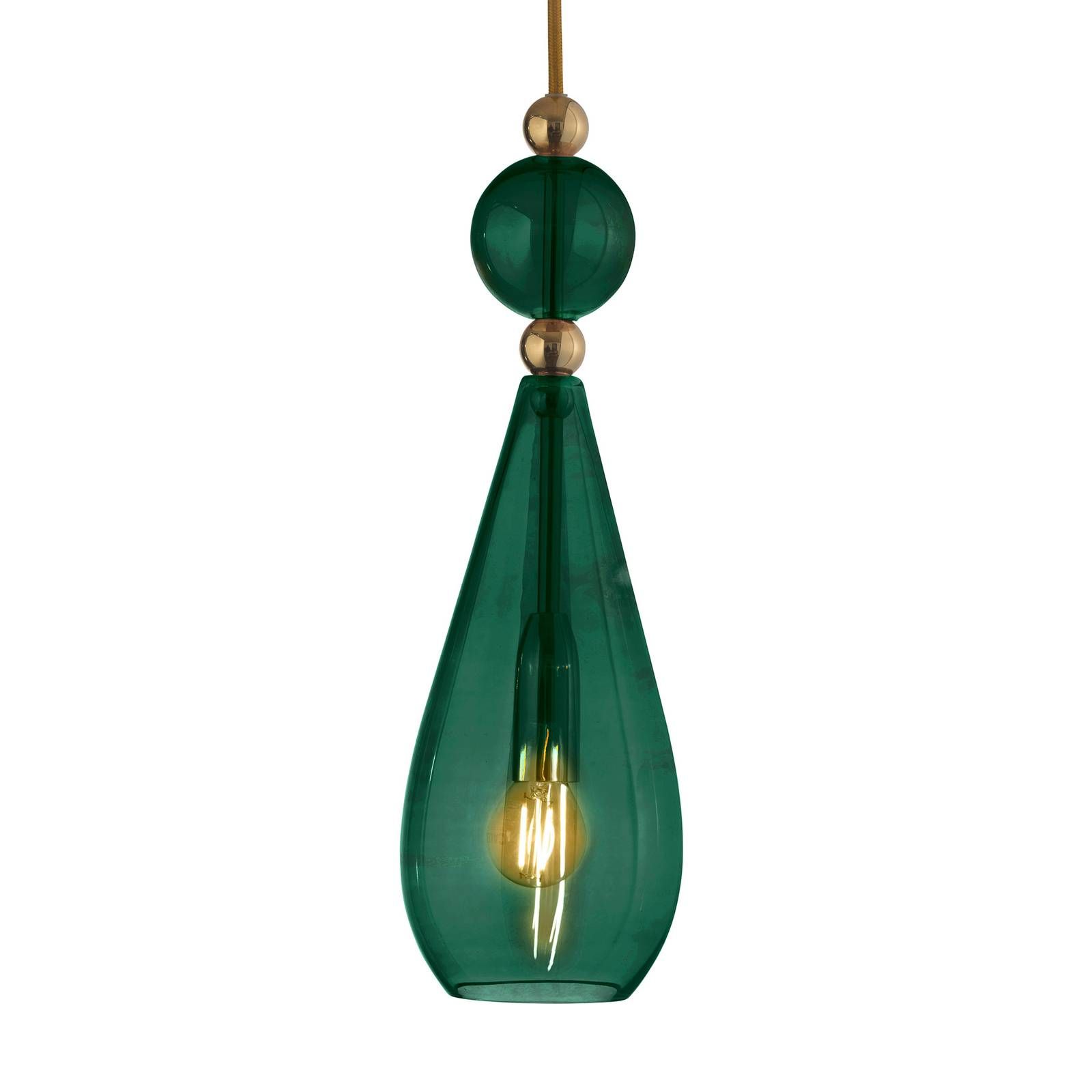 EBB & FLOW Smykke M závesná lampa zlatá zelená, Obývacia izba / jedáleň, sklo, kov, textil, E14, 25W, K: 40cm