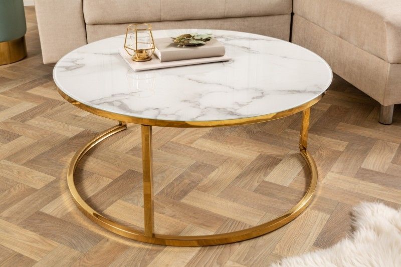 Estila Dizajnový konferenčný stolík Gold Marbleux s okrúhlou modernou vrchnou doskou s mramorovým vzhľadom a zlatou podstavou 80cm