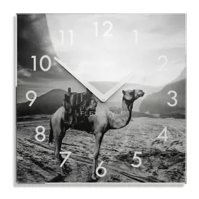 DomTextilu Dekoračné čierno biele sklenené hodiny 30 cm s motívom ťavy 57410