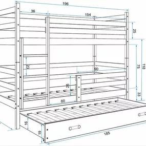 Poschodová posteľ s prístelkou - ERIK 3 - 190x80cm Biely - Biely