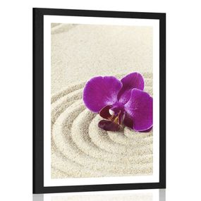 Plagát s paspartou piesočnatá Zen záhrada s fialovou orchideou - 30x45 white