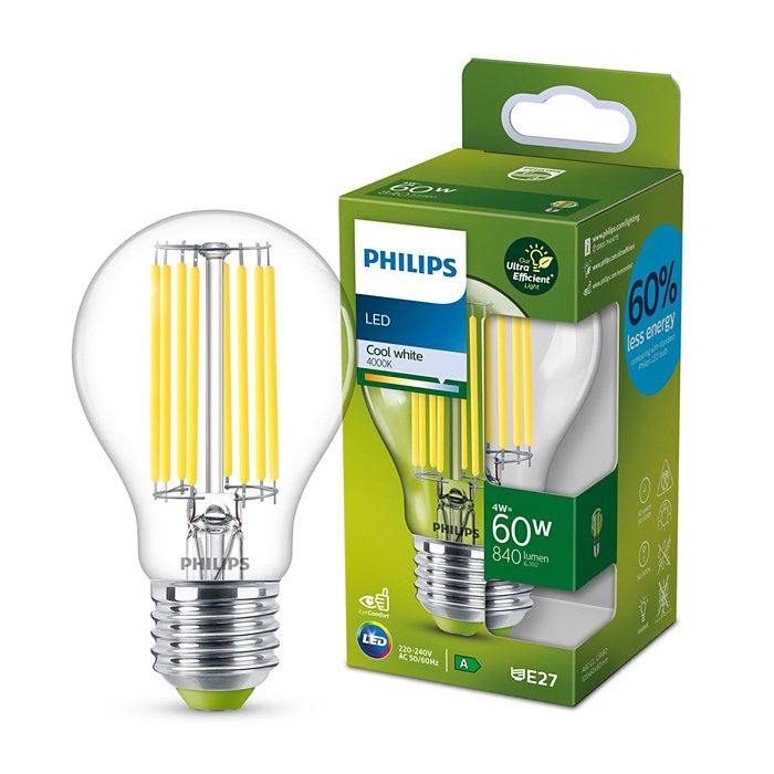 Philips 8719514343801 LED filamentová žiarovka 1x4W/60W | E27 | 840lm | 4000K- číra, Ultra Efficient
