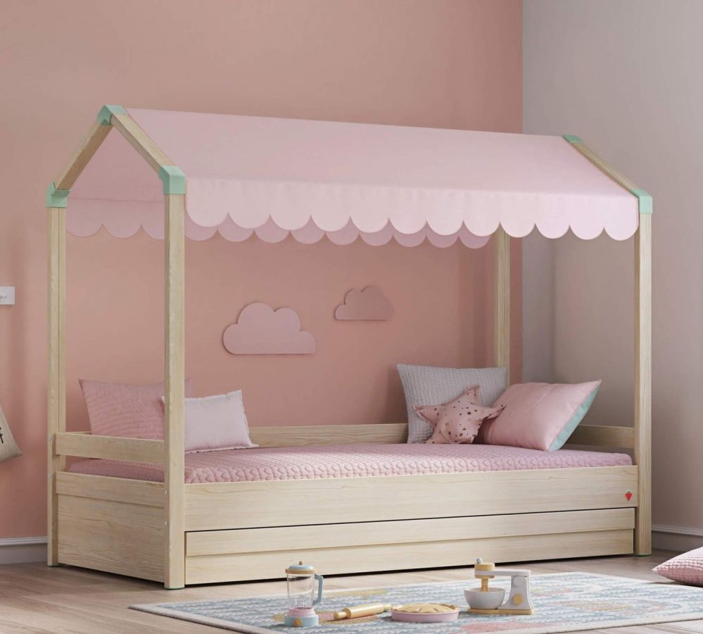 Domčeková posteľ so strieškou a úložným priestorom fairy ii - dub