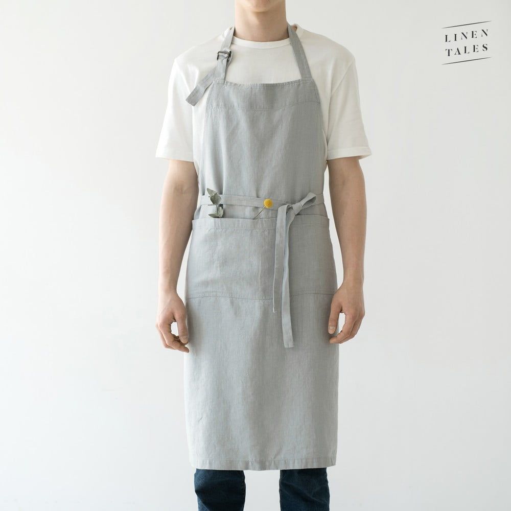 Svetlosivá ľanová zástera Linen Tales Chef, dĺžka 100 cm