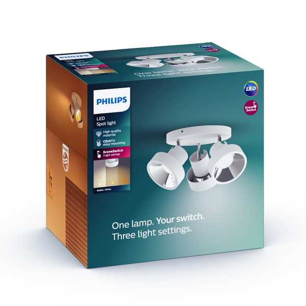 Philips 50603/31/P0 LED prisadené stropné svietidlo Bukko 3x4,3W | 1290lm | 2200-2700K - Scene Switch, EyeComfort, biela