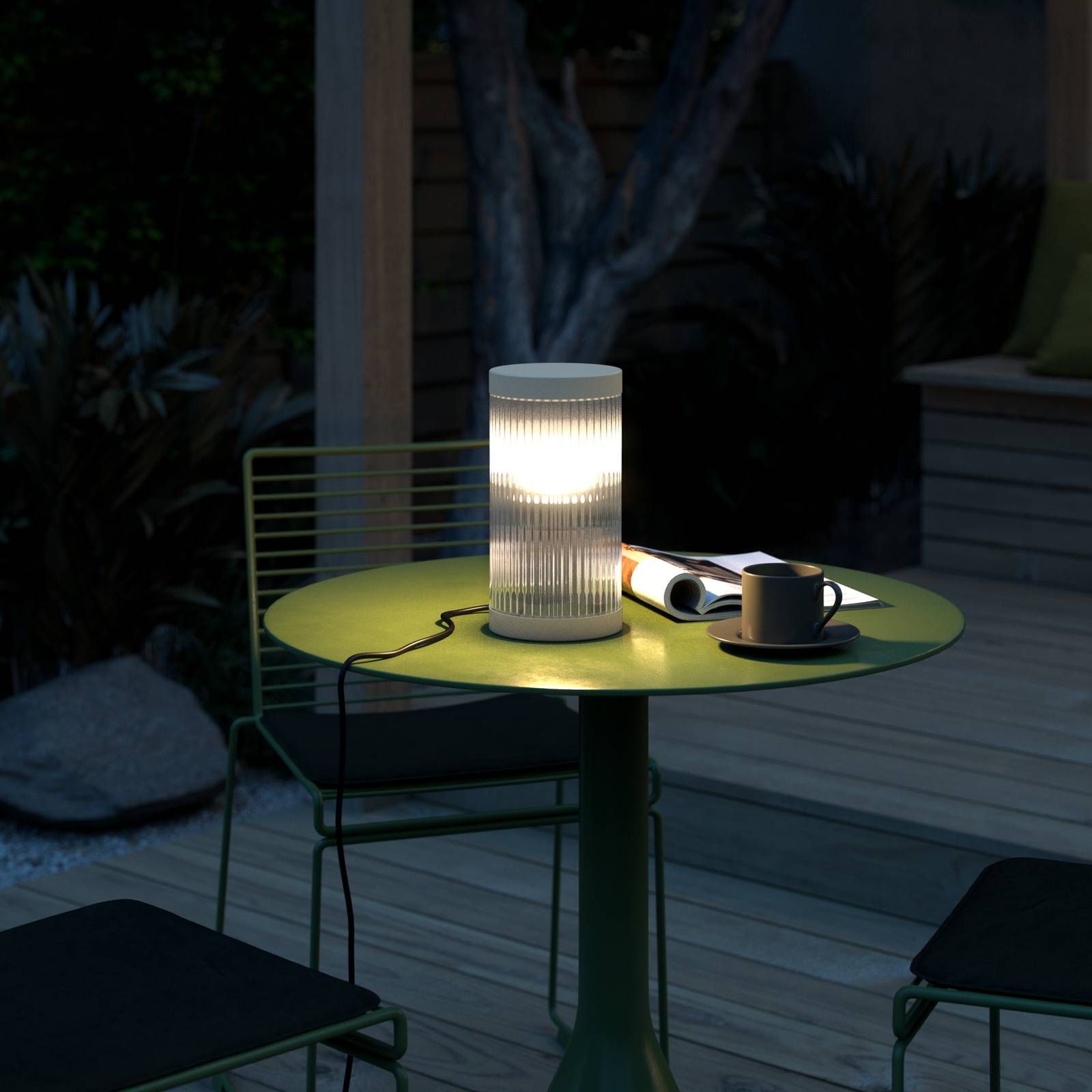 Nordlux Stolová lampa Coupar pre vonkajšiu oblasť piesková, plast, hliník, E27, 25W, K: 25cm