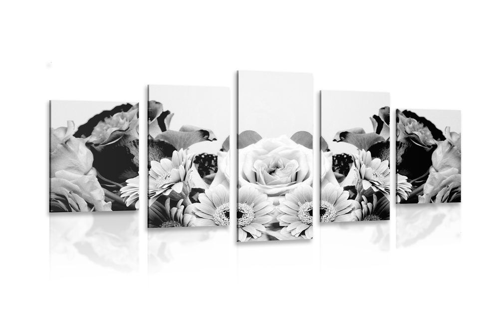 5-dielny obraz kvetinová kompozícia s romantickým nádychom v čiernobielom prevedení