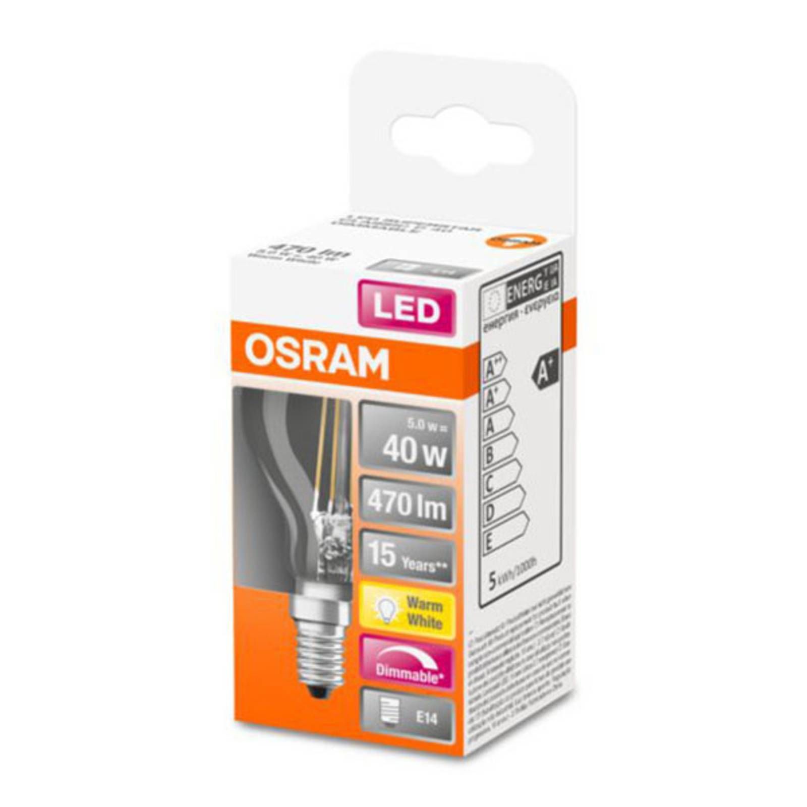 OSRAM Kvapková LED žiarovka E14 4, 8W filamentová stmieva, sklo, E14, 4.8W, Energialuokka: F, P: 7.8 cm