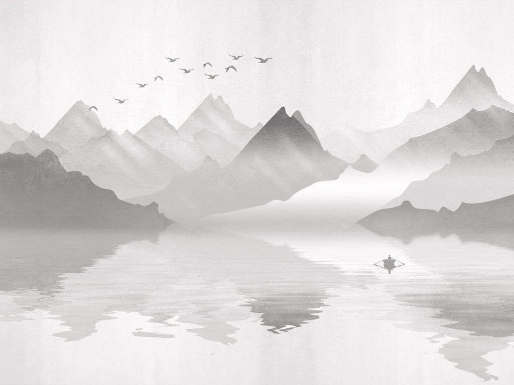 FTNS 1246 AG Design vliesová fototapeta 4-dielna Misty Mountain, horské jazero v hmle, loďka na jazere, veľkosť 360 x 270 cm