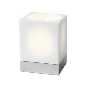 Fabbian Cubetto stolná lampa GU10 chróm/biela, Obývacia izba / jedáleň, sklo, kov, GU10, 7W, P: 8 cm, L: 8 cm, K: 10.7cm