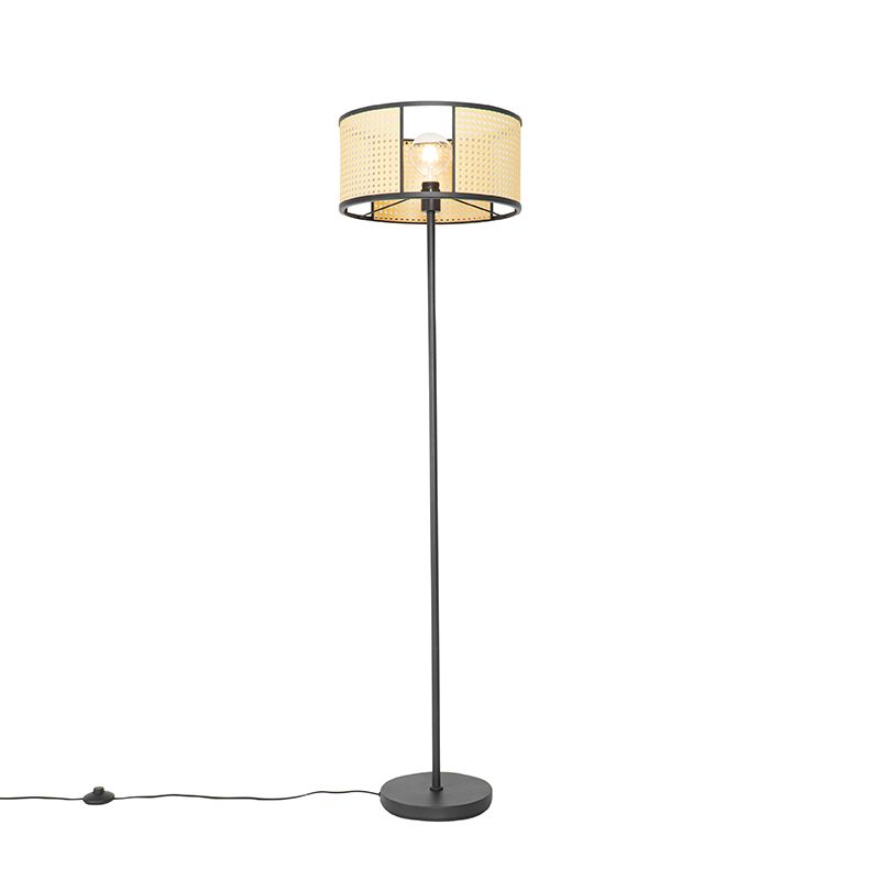 Retro stojaca lampa čierna s ratanom 40 cm - Akira