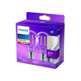 Philips LED žiarovka E27 4, 3W 2700K filament 2 ks, sklo, E27, 4.3W, Energialuokka: F, P: 10.6 cm
