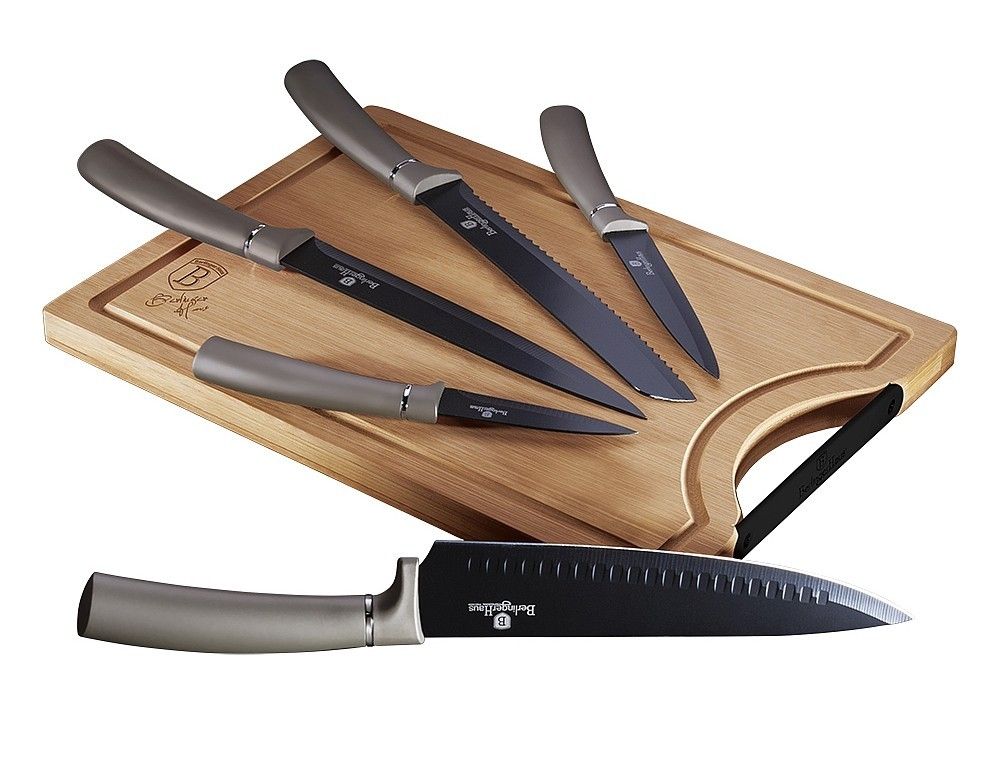 BERLINGERHAUS Sada nožů s nepřilnavým povrchem + prkénko 6 ks Carbon Line BH-2555