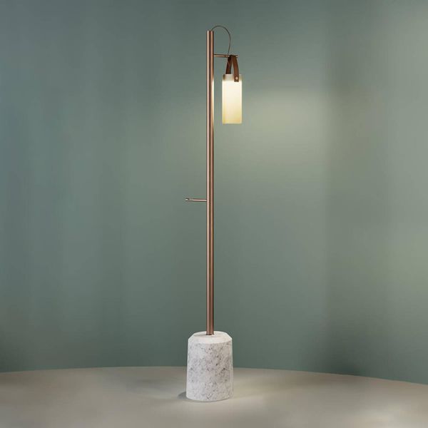 Fontana Arte Galerie stojaca LED lampa 1-plameňová, Obývacia izba / jedáleň, mramor, kov, sklo, koža, 6W, K: 149.5cm