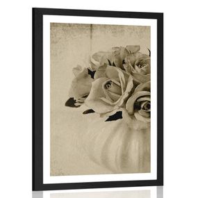 Plagát s paspartou ruže vo váze v sépiovom prevedení - 60x90 black