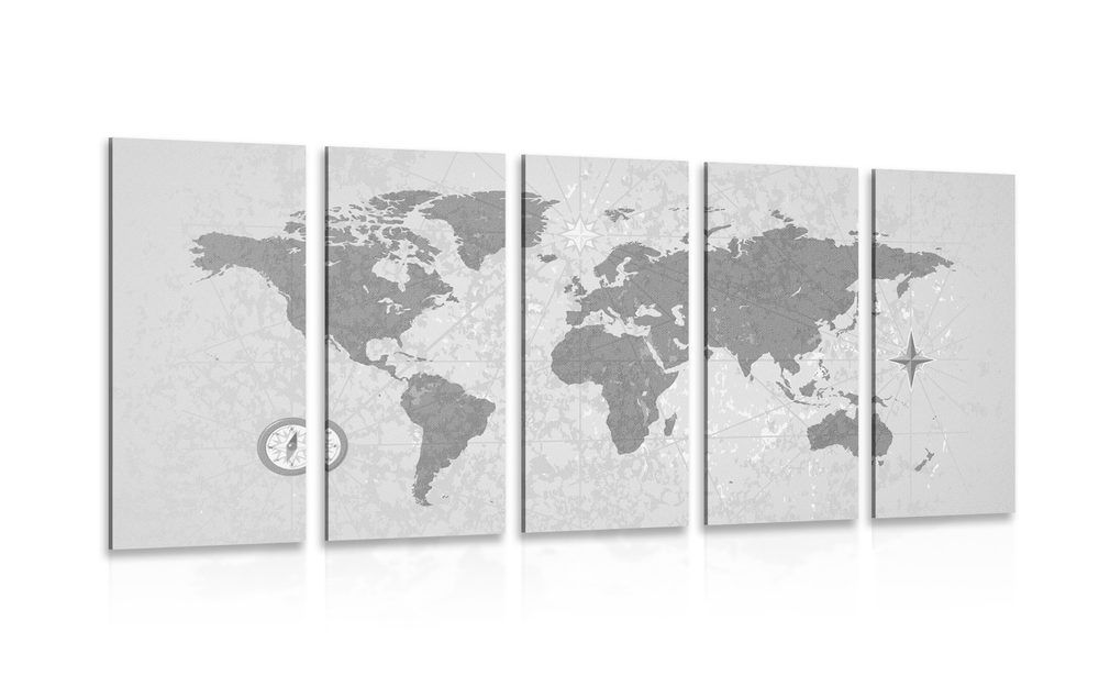 5-dielny obraz mapa sveta s kompasom v retro štýle v čiernobielom prevedení