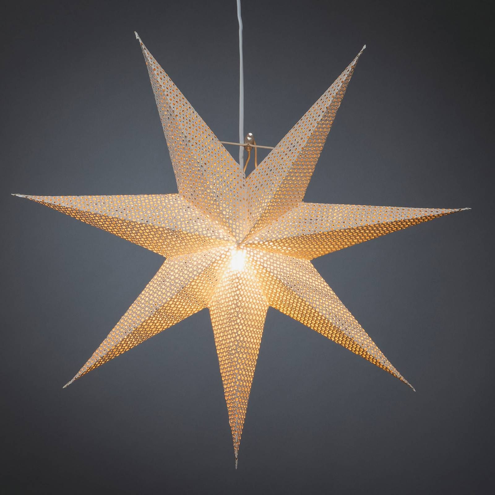Konstsmide Christmas Hviezda z bieleho papiera, dierkované, 7–cípa, papier, E14, 25W