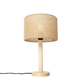 Vidiecka stolová lampa drevená s ľanovým tienidlom natural 25 cm - Mels