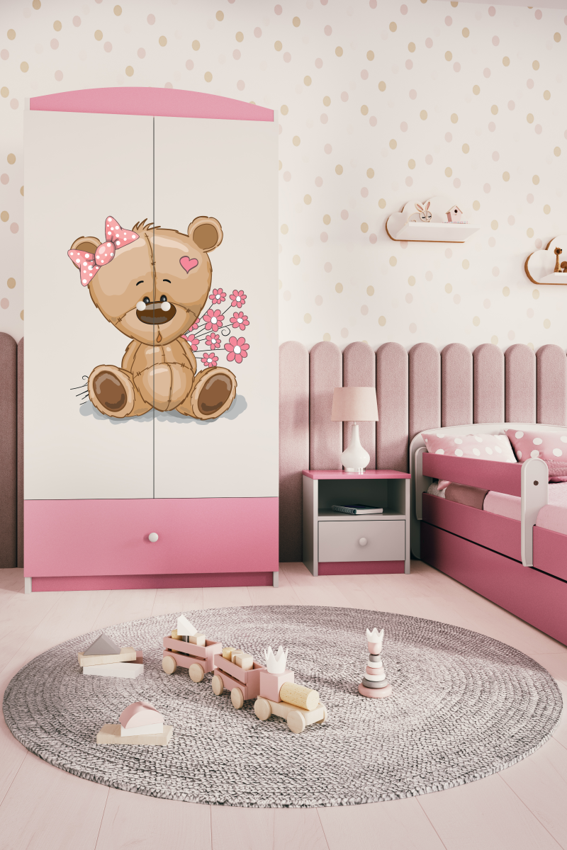 Dětská skříň Babydreams 90 cm méďa s kytičkami růžová