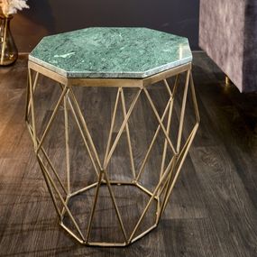 Estila Art-deco príručný stolík Diamond Marble s kovovou podstavou v zlatej farbe v prevedení zelený mramor 50cm