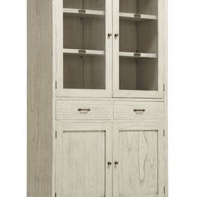 Estila Biela vitrína MURIA v retro štýle z dreva mindi s dvomi zásuvkami a presklenými dverami