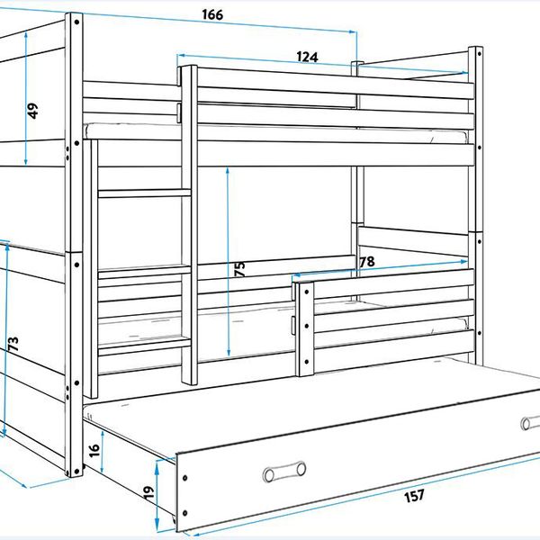Poschodová posteľ s prístelkou RICO 3 - 160x80cm - Biely - Grafitový