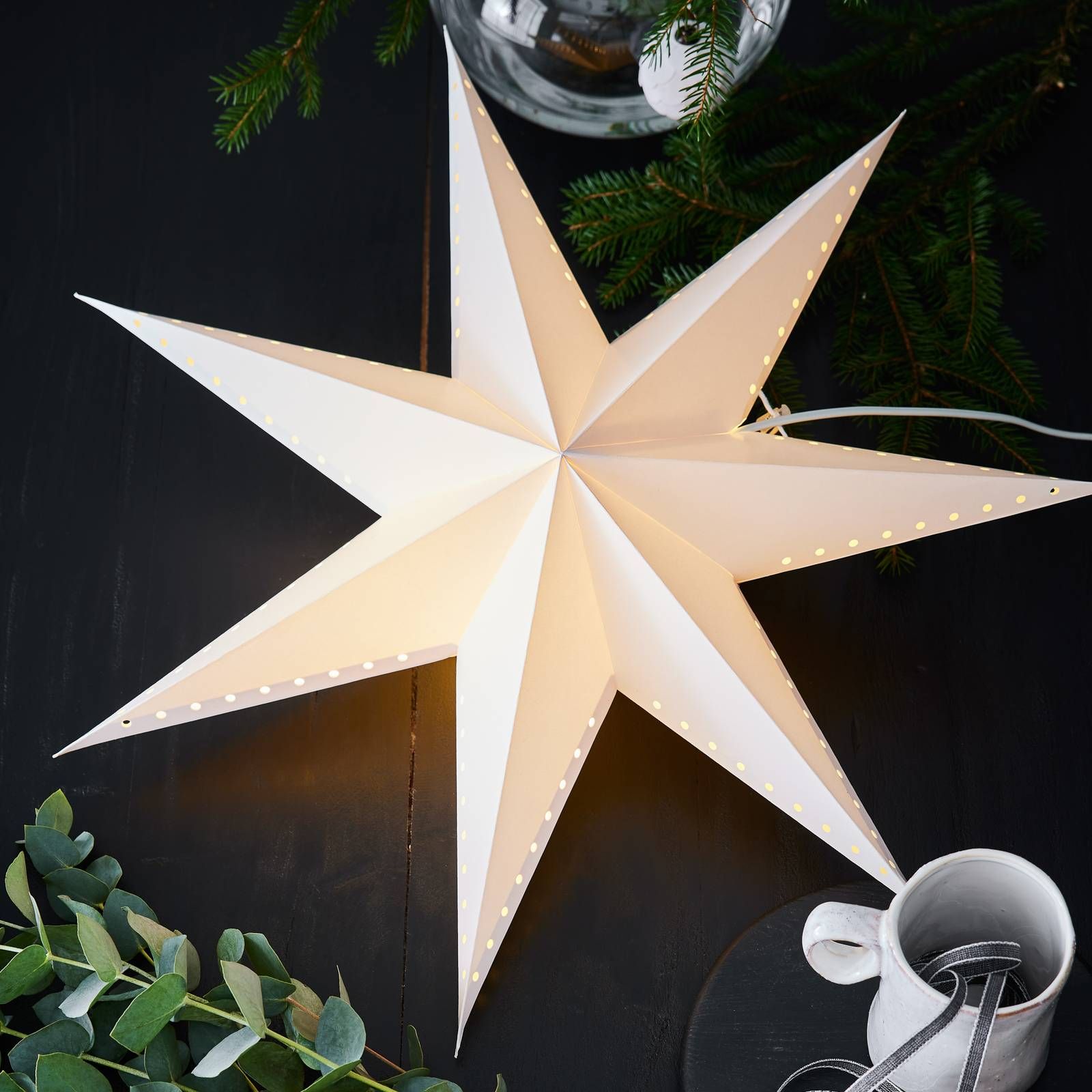 Markslöjd Dekoračná hviezda Lively, visiaca, biela, Ø 60 cm, Obývacia izba / jedáleň, papier, E14, 6W