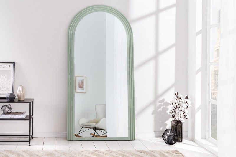 Estila Art deco dizajnové zrkadlo Swan oblúkového tvaru s pastelovým zeleným kaskádovým rámom 160cm