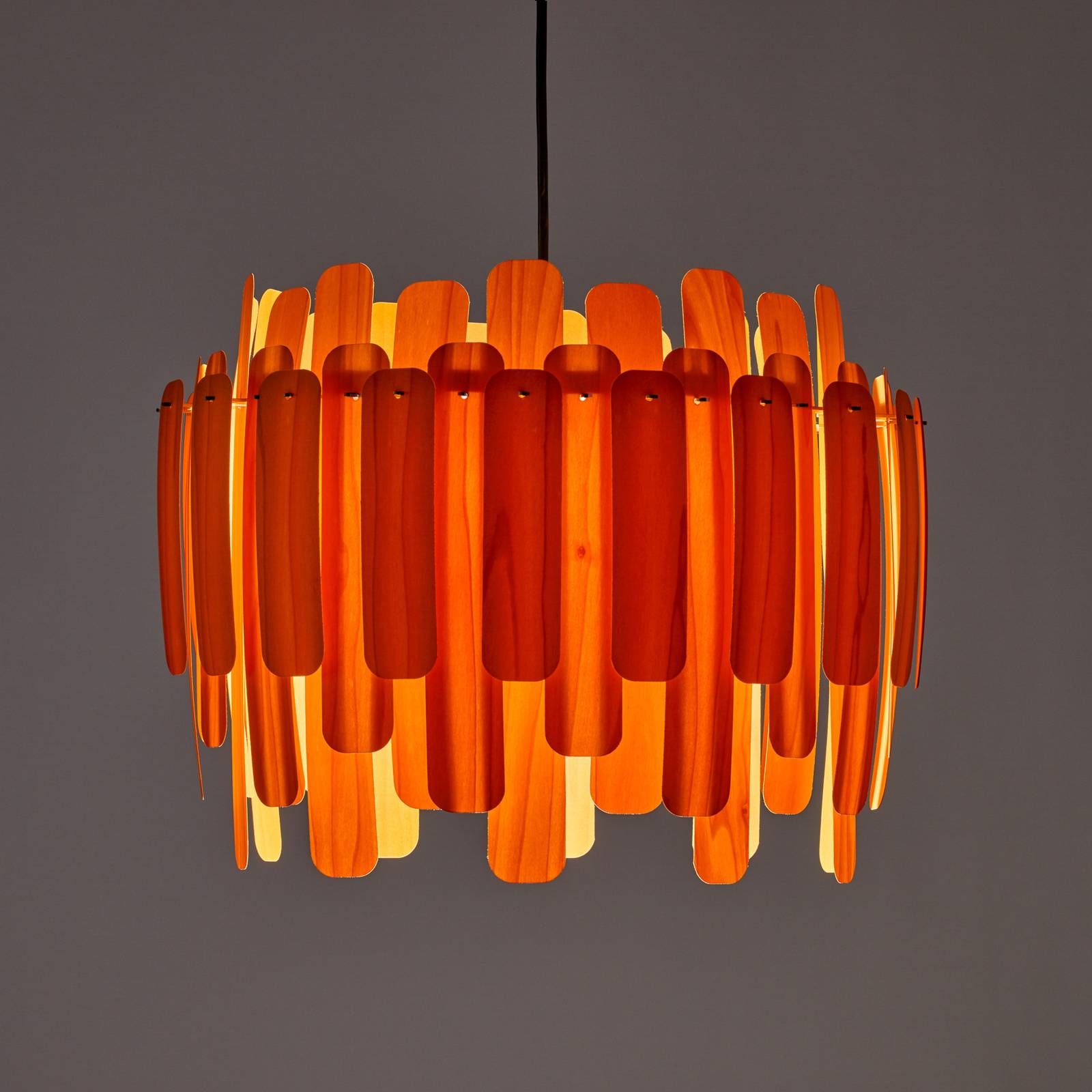 LZF LamPS Maruja drevená závesná lampa, oranžová, Obývacia izba / jedáleň, drevená dyha, kov, plast, E27, 16W, K: 36cm