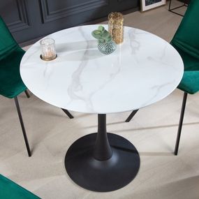 Estila Art deco okrúhly jedálenský stôl Velma s mramorovou povrchovou doskou bielej farby a čiernou podstavou 80cm