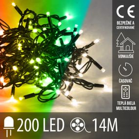 Vianočná LED svetelná reťaz vonkajšia s časovačom + 2 farebné variácie - 200LED - 14M Teplá biela/Multicolour