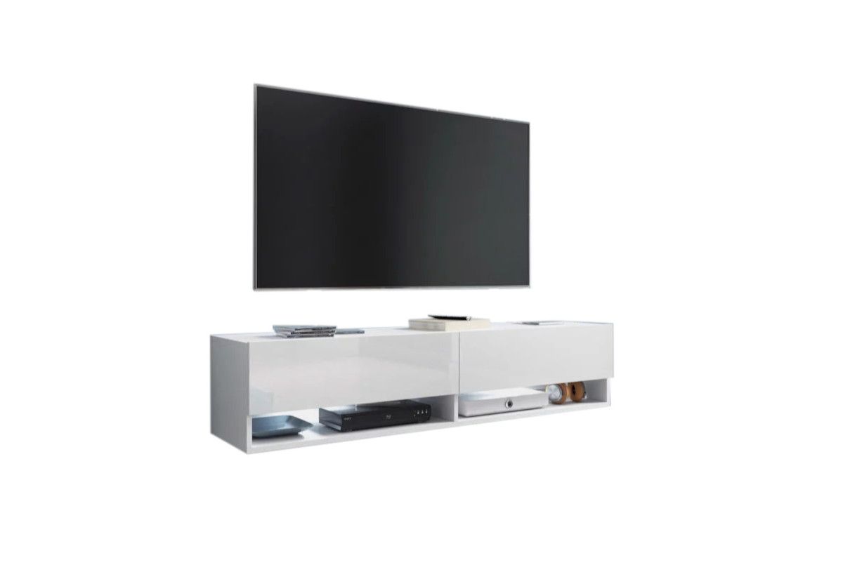 Expedo TV stolík MENDES A 140, 140x30x32, biela/biela lesk, s LED osvetlením