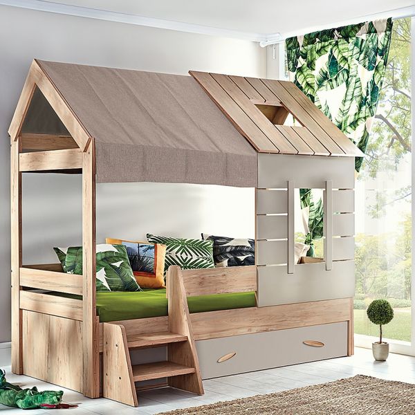 Domčeková posteľ so schodíkmi 90x200 a úložným priestorom boom - dub